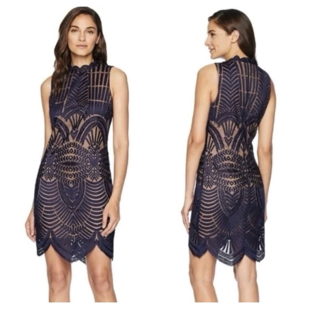 BARDOT Sleeveless Navy Blue Embroidered Lace Bodycon Mini Dress - US 6 / AU 10